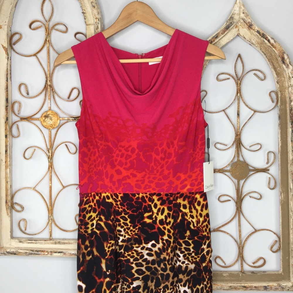 Calvin Klein hot pink leopard drape neck dress - Picture 3 of 8